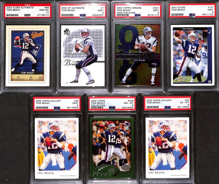 (7) 2002 Tom Brady PSA Graded Cards w. 2002 Fleer Authentix PSA 10 GEM MINT