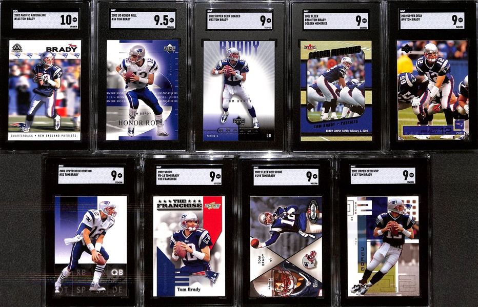 Lot of (9) SGC Graded Tom Brady Cards inc. 2002 Pacific Adrenaline (SGC 10), 2002 Upper Deck Honor Roll (SGC 9.5), 2002 Upper Deck Graded (SGC 9), +