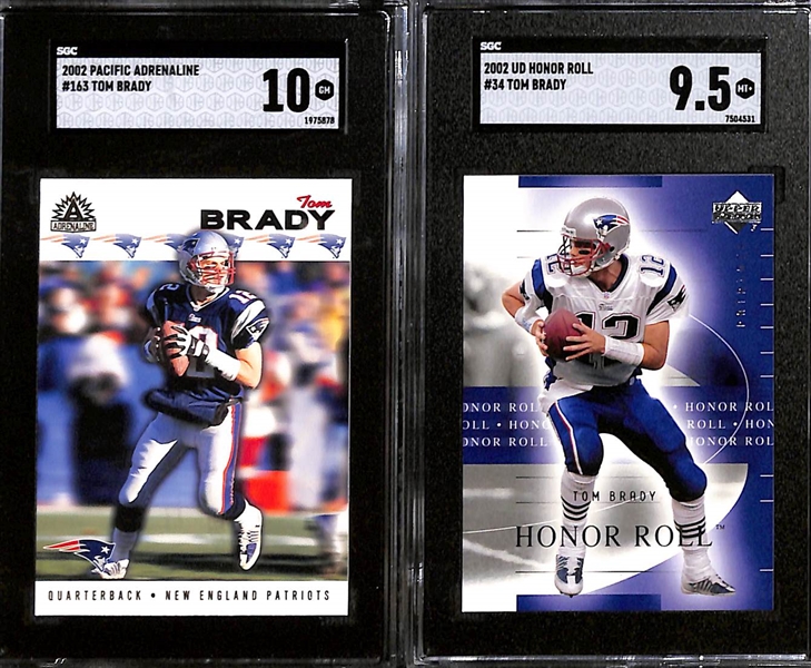 Lot of (9) SGC Graded Tom Brady Cards inc. 2002 Pacific Adrenaline (SGC 10), 2002 Upper Deck Honor Roll (SGC 9.5), 2002 Upper Deck Graded (SGC 9), +