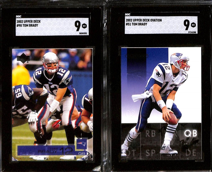 Lot of (9) SGC Graded Tom Brady Cards inc. 2002 Pacific Adrenaline (SGC 10), 2002 Upper Deck Honor Roll (SGC 9.5), 2002 Upper Deck Graded (SGC 9), +