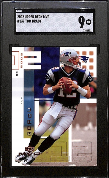 Lot of (9) SGC Graded Tom Brady Cards inc. 2002 Pacific Adrenaline (SGC 10), 2002 Upper Deck Honor Roll (SGC 9.5), 2002 Upper Deck Graded (SGC 9), +