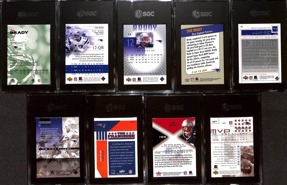 Lot of (9) SGC Graded Tom Brady Cards inc. 2002 Pacific Adrenaline (SGC 10), 2002 Upper Deck Honor Roll (SGC 9.5), 2002 Upper Deck Graded (SGC 9), +