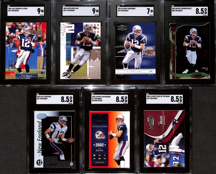 Lot of (7) SGC Graded Tom Brady Cards inc. 2002 Leaf Rookies Stars (SGC 9), 2002 Upper Deck MVP (SGC 9), 2001 Playoff Preferred (SGC 7), +