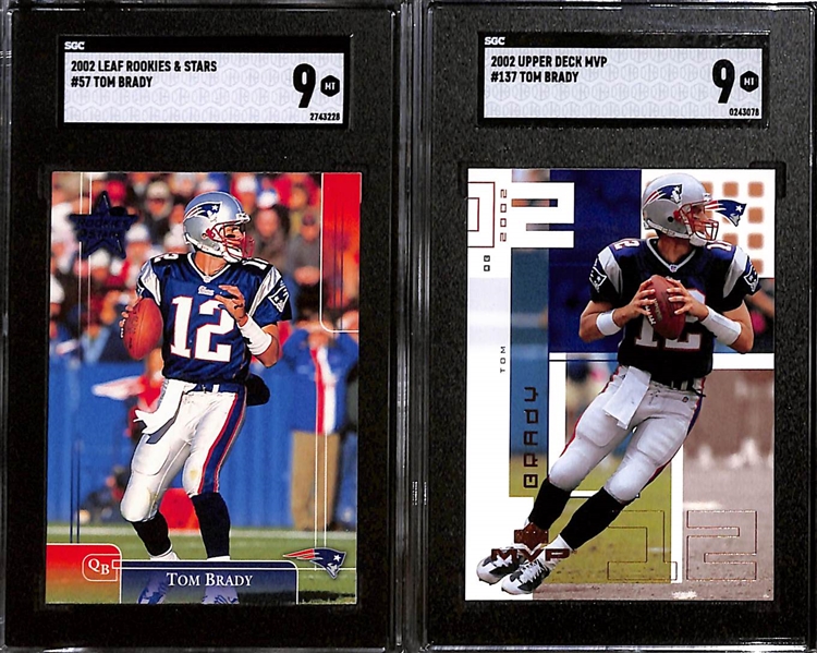 Lot of (7) SGC Graded Tom Brady Cards inc. 2002 Leaf Rookies Stars (SGC 9), 2002 Upper Deck MVP (SGC 9), 2001 Playoff Preferred (SGC 7), +