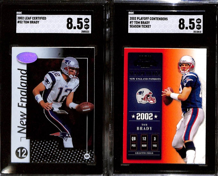 Lot of (7) SGC Graded Tom Brady Cards inc. 2002 Leaf Rookies Stars (SGC 9), 2002 Upper Deck MVP (SGC 9), 2001 Playoff Preferred (SGC 7), +