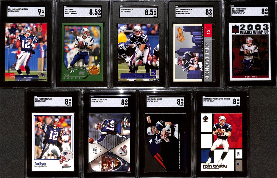 Lot of (9) SGC Graded Tom Brady Cards inc. 2002 Leaf Rookies Stars (SGC 9), 2002 Topps (SGC 8.5), 2002 Upper Deck (SGC 8.5), 2002 Fleer Authentics Hometown Heroes (SGC 8), 2004 Topps Chrome (SGC 8), +