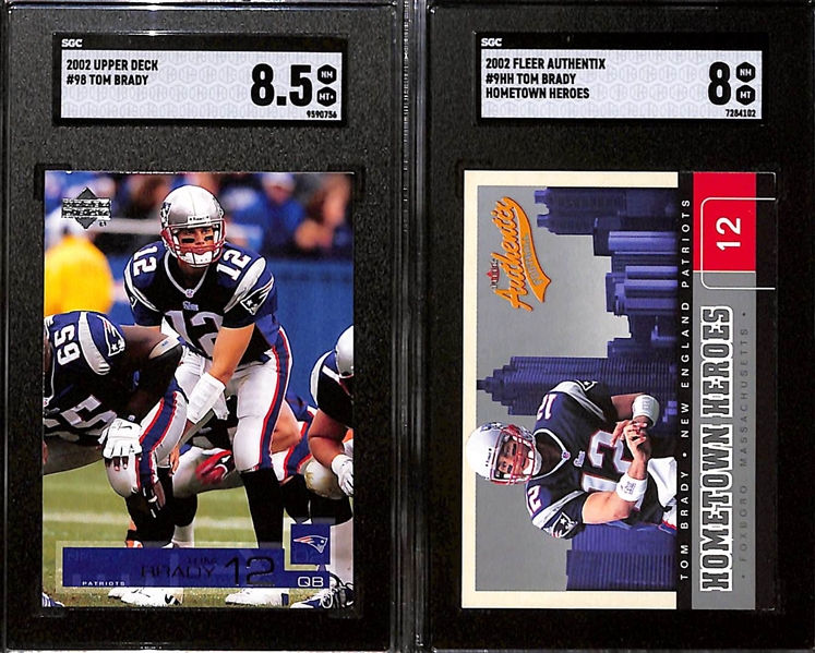 Lot of (9) SGC Graded Tom Brady Cards inc. 2002 Leaf Rookies Stars (SGC 9), 2002 Topps (SGC 8.5), 2002 Upper Deck (SGC 8.5), 2002 Fleer Authentics Hometown Heroes (SGC 8), 2004 Topps Chrome (SGC 8), +