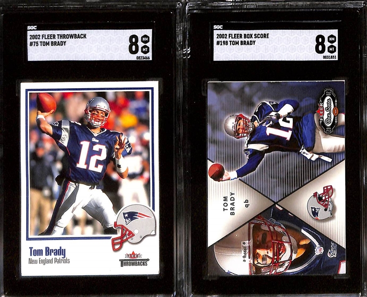 Lot of (9) SGC Graded Tom Brady Cards inc. 2002 Leaf Rookies Stars (SGC 9), 2002 Topps (SGC 8.5), 2002 Upper Deck (SGC 8.5), 2002 Fleer Authentics Hometown Heroes (SGC 8), 2004 Topps Chrome (SGC 8), +