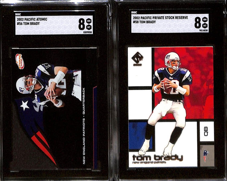 Lot of (9) SGC Graded Tom Brady Cards inc. 2002 Leaf Rookies Stars (SGC 9), 2002 Topps (SGC 8.5), 2002 Upper Deck (SGC 8.5), 2002 Fleer Authentics Hometown Heroes (SGC 8), 2004 Topps Chrome (SGC 8), +