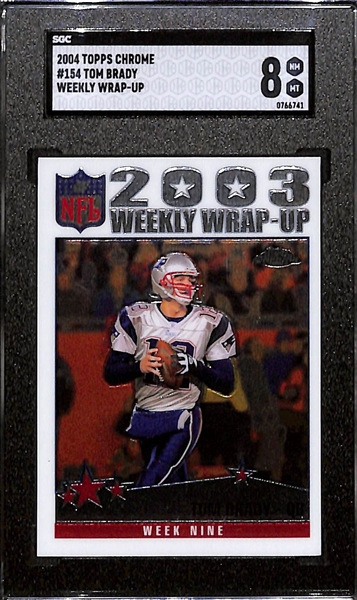 Lot of (9) SGC Graded Tom Brady Cards inc. 2002 Leaf Rookies Stars (SGC 9), 2002 Topps (SGC 8.5), 2002 Upper Deck (SGC 8.5), 2002 Fleer Authentics Hometown Heroes (SGC 8), 2004 Topps Chrome (SGC 8), +