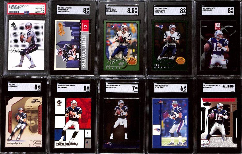 Lot of (10) Graded 2002 Tom Brady Cards inc. SP Authentic (PSA 8.5), Fleer Authentix Hometown Heroes (SGC 8), Topps (SGC 8.5), Topps Chrome (SGC 8), +