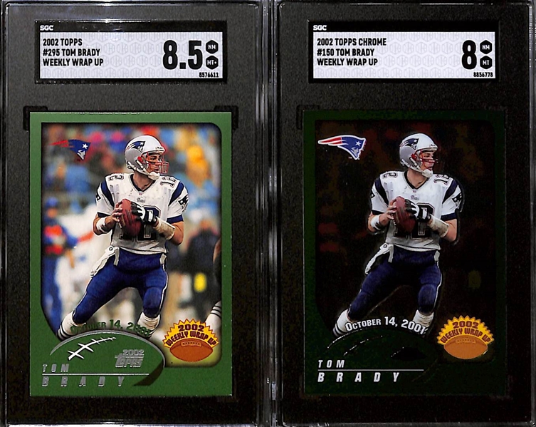 Lot of (10) Graded 2002 Tom Brady Cards inc. SP Authentic (PSA 8.5), Fleer Authentix Hometown Heroes (SGC 8), Topps (SGC 8.5), Topps Chrome (SGC 8), +