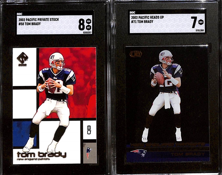 Lot of (10) Graded 2002 Tom Brady Cards inc. SP Authentic (PSA 8.5), Fleer Authentix Hometown Heroes (SGC 8), Topps (SGC 8.5), Topps Chrome (SGC 8), +