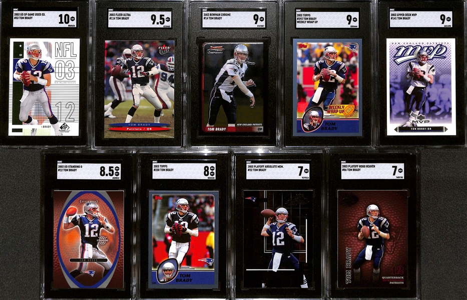 Lot of (9) SGC Graded 2003 Tom Brady Cards inc. SP Game Used (SGC 10), Fleer Ultra (SGC 9.5), Bowman Chrome (SGC 9), Topps (SGC 9), +