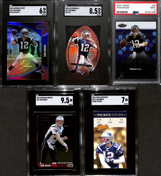 Lot of (5) Graded 2003 Tom Brady Cards- Bowmans Best Blue (SGC 6) (#/499), Upper Deck Standing O Die Cut (SGC 8.5), Finest (PSA 9), Bowman Chrome (SGC 9.5), Fleer Authentix Ticket Studs (SGC 7)