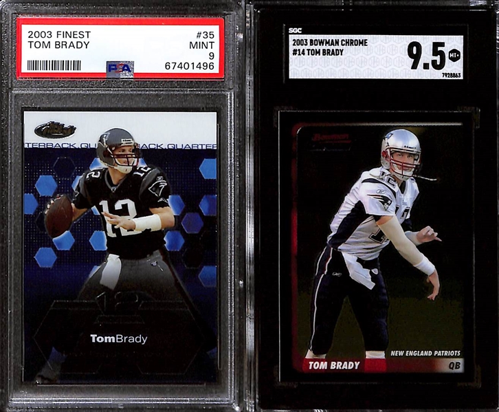 Lot of (5) Graded 2003 Tom Brady Cards- Bowmans Best Blue (SGC 6) (#/499), Upper Deck Standing O Die Cut (SGC 8.5), Finest (PSA 9), Bowman Chrome (SGC 9.5), Fleer Authentix Ticket Studs (SGC 7)