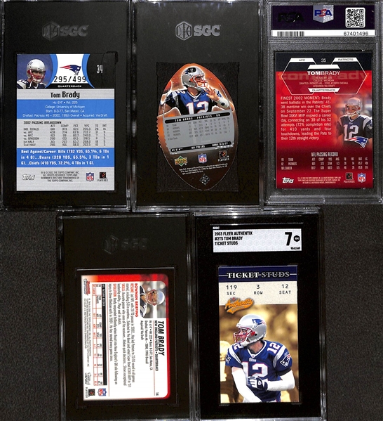 Lot of (5) Graded 2003 Tom Brady Cards- Bowmans Best Blue (SGC 6) (#/499), Upper Deck Standing O Die Cut (SGC 8.5), Finest (PSA 9), Bowman Chrome (SGC 9.5), Fleer Authentix Ticket Studs (SGC 7)