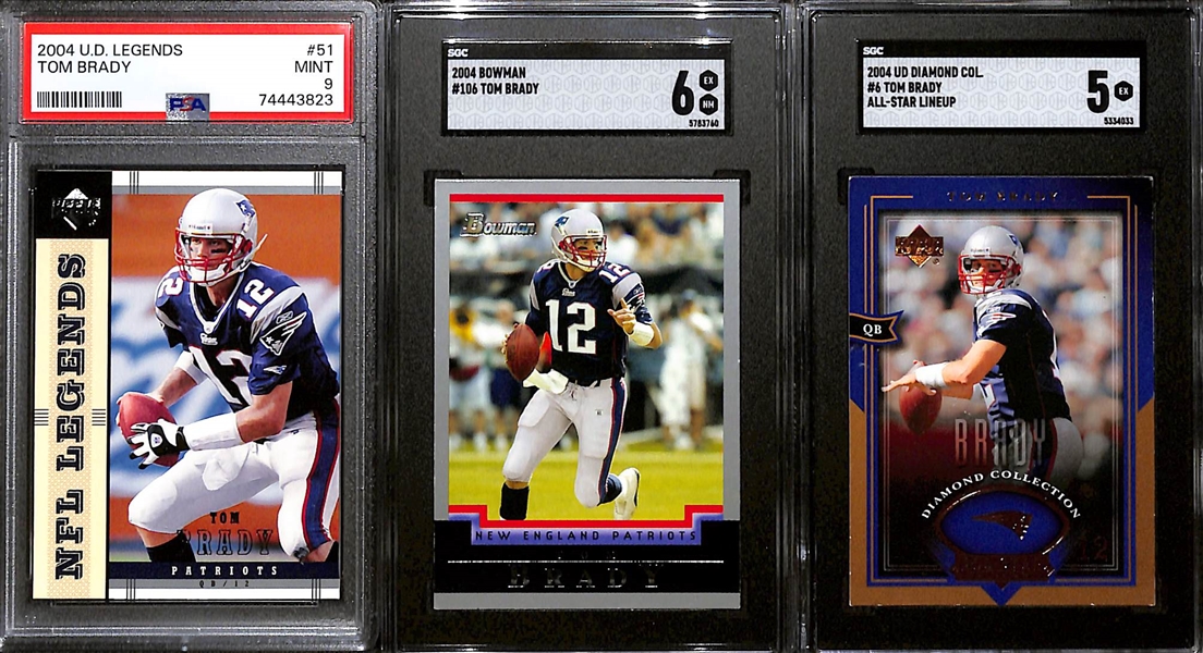 Lot of (9) Graded 2004 Tom Brady Cards w. Leaf Rookies & Stars Tom Brady SGC 9.5