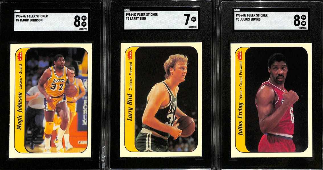 1986-87 Fleer Sticker Lot - Magic Johnson (SGC 8), Larry Bird (SGC 7), & Julius Erving (SGC 8) 