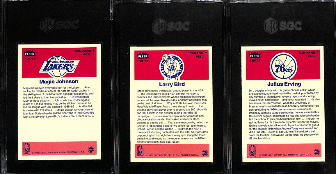 1986-87 Fleer Sticker Lot - Magic Johnson (SGC 8), Larry Bird (SGC 7), & Julius Erving (SGC 8) 