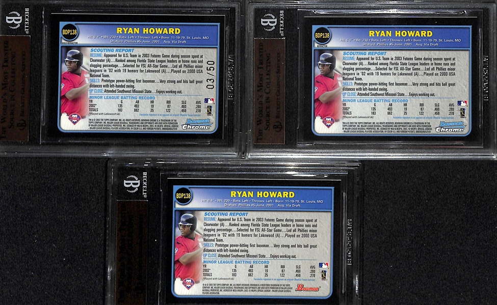 Lot of (3) BGS Graded 9.5 2003 Bowman Draft Picks Ryan Howard Rookie Cards- Chrome Gold Refractor (#/50), Chrome Refractor, Paper