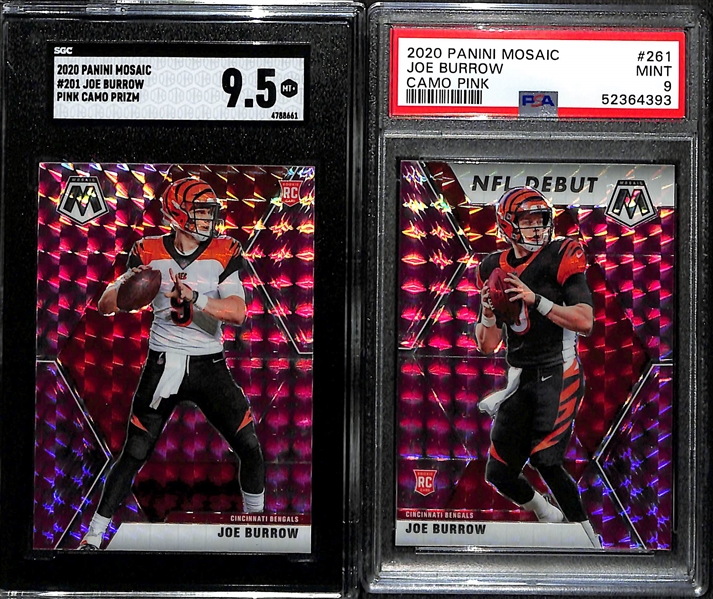 Lot of (2) Graded 2020 Mosaic Joe Burrow Rookie Pink Camos- SGC 9.5, PSA 9