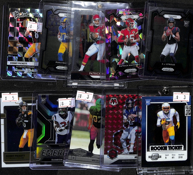 Lot of (10) Football Cards inc. 2023 Prizm CJ Stroud Rookie, 2023 Prizm Patrick Mahomes Purple Ice (#/225), 2018 Prizm Patrick Mahomes, +