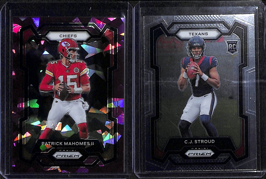 Lot of (10) Football Cards inc. 2023 Prizm CJ Stroud Rookie, 2023 Prizm Patrick Mahomes Purple Ice (#/225), 2018 Prizm Patrick Mahomes, +