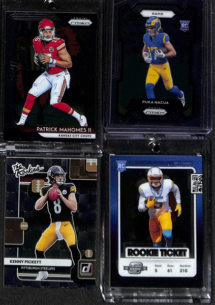 Lot of (10) Football Cards inc. 2023 Prizm CJ Stroud Rookie, 2023 Prizm Patrick Mahomes Purple Ice (#/225), 2018 Prizm Patrick Mahomes, +