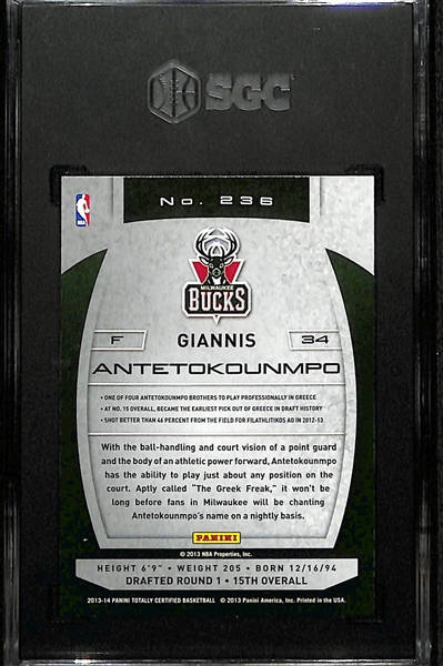 2013-14 Totally Certified Giannis Antetokounmpo Rookie Graded SGC 9.5