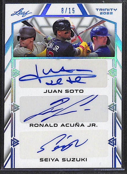 Lot of (2) Baseball Autograph Cards- 2022 Leaf Trinity Juan Soto/Ronald Acuna Jr/Seiya Suzuki Triple (#/15), 2022 Leaf Vibrance Sammy Sosa Pre Production Proof 1/1