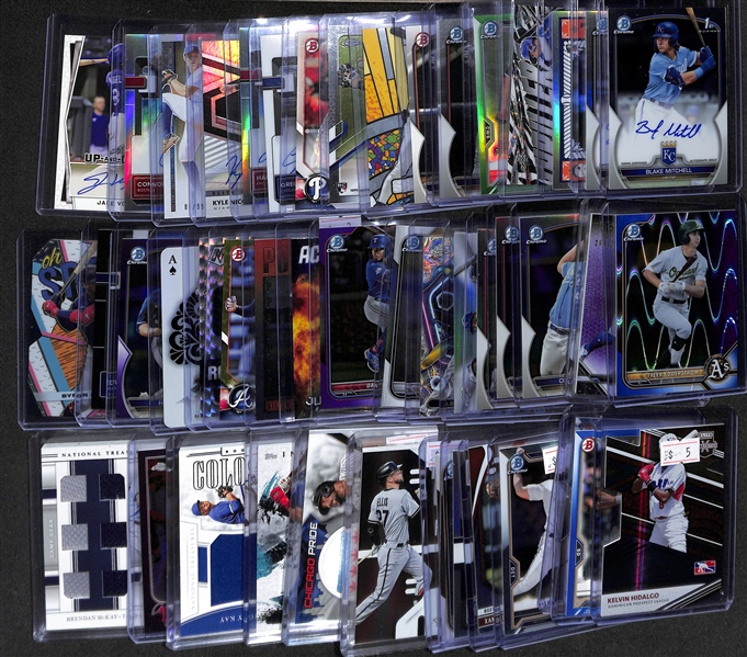 Lot of (47) Baseball Cards Loaded with Rookies, Refractors, Inserts inc. 2023 Bowman Draft Chrome Blake Mitchell Autograph, 2023 Bowman Draft Chrome Jacob Gonzalez Autograph Refractor (#/499),+