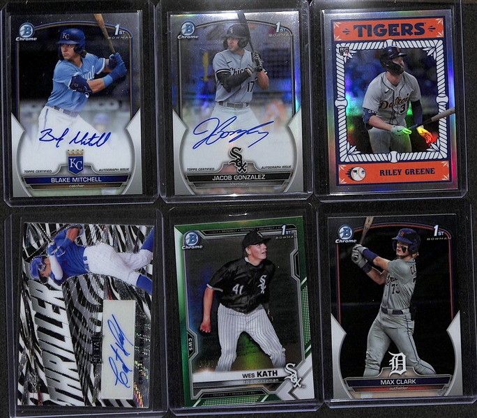 Lot of (47) Baseball Cards Loaded with Rookies, Refractors, Inserts inc. 2023 Bowman Draft Chrome Blake Mitchell Autograph, 2023 Bowman Draft Chrome Jacob Gonzalez Autograph Refractor (#/499),+