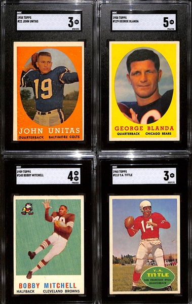 Vintage Topps Football HOFer Graded Lot - 1958 Johnny Unitas (SGC 3), 1958 George Blanda (SGC 5), 1959 B. Mitchell Rookie (SGC 4), 1960 YA Tittle (SGC 3)