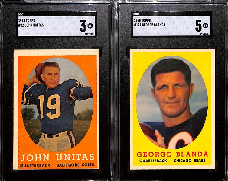 Vintage Topps Football HOFer Graded Lot - 1958 Johnny Unitas (SGC 3), 1958 George Blanda (SGC 5), 1959 B. Mitchell Rookie (SGC 4), 1960 YA Tittle (SGC 3)