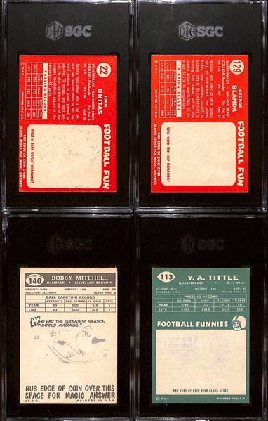 Vintage Topps Football HOFer Graded Lot - 1958 Johnny Unitas (SGC 3), 1958 George Blanda (SGC 5), 1959 B. Mitchell Rookie (SGC 4), 1960 YA Tittle (SGC 3)