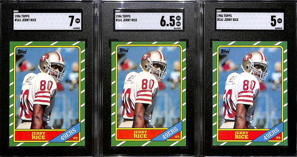 (3) 1986 Topps Jerry Rice Rookie Cards (SGC 7, SGC 6.5, & SGC 5)