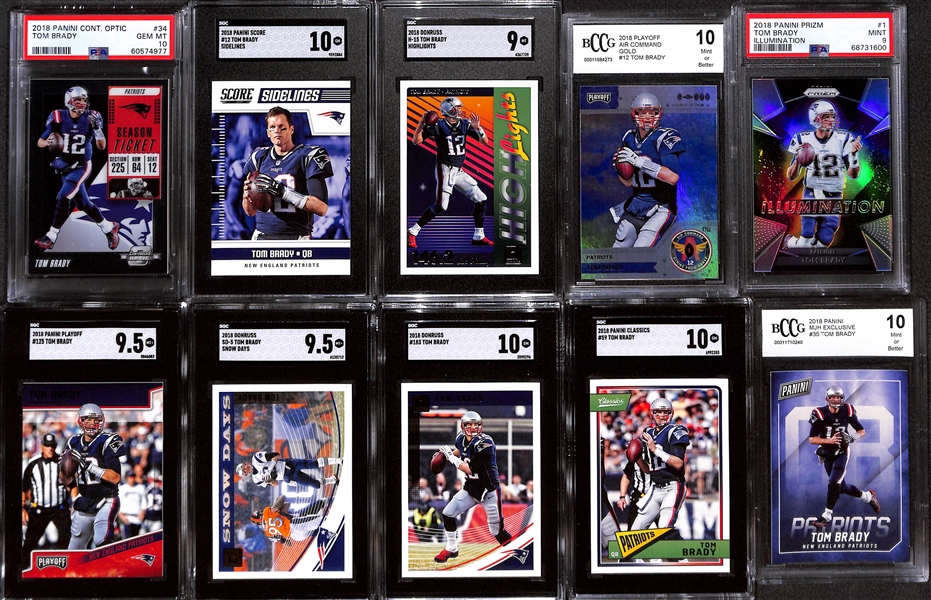 Lot of (10) Graded 2018 Tom Brady Cards w. Panini Contenders Optic PSA 10 & Panini Score Sidelines SGC 10