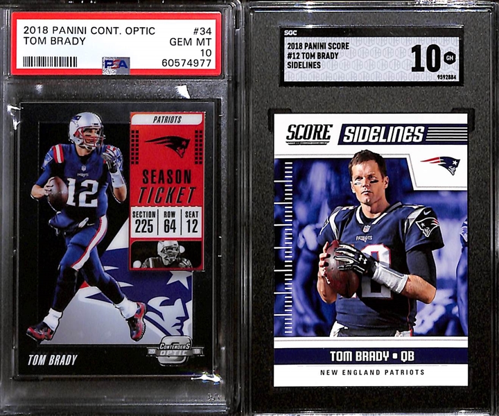 Lot of (10) Graded 2018 Tom Brady Cards w. Panini Contenders Optic PSA 10 & Panini Score Sidelines SGC 10