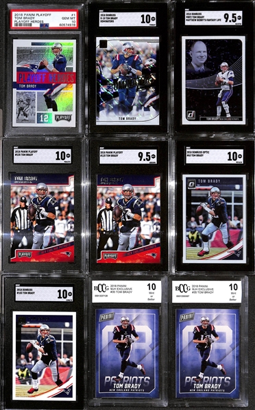 Lot of (9) Graded 2018 Tom Brady Cards w. Panini Playoff Heroes PSA 10 & Donruss D-10 Dominators SGC 10