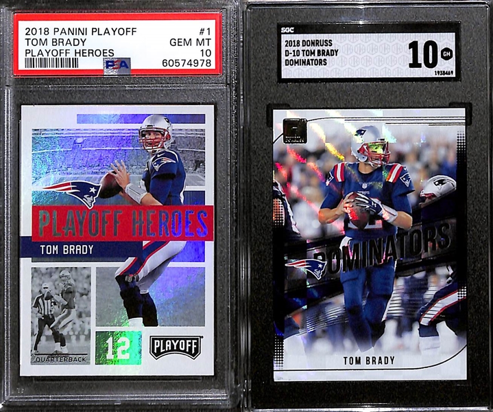 Lot of (9) Graded 2018 Tom Brady Cards w. Panini Playoff Heroes PSA 10 & Donruss D-10 Dominators SGC 10