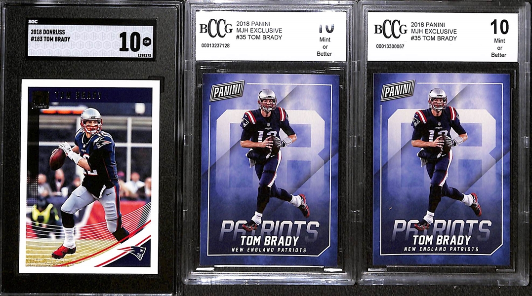 Lot of (9) Graded 2018 Tom Brady Cards w. Panini Playoff Heroes PSA 10 & Donruss D-10 Dominators SGC 10