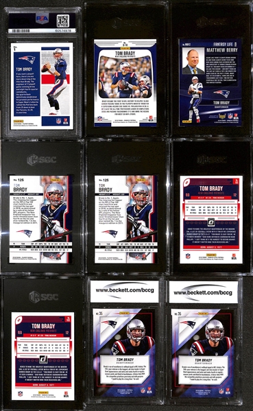 Lot of (9) Graded 2018 Tom Brady Cards w. Panini Playoff Heroes PSA 10 & Donruss D-10 Dominators SGC 10