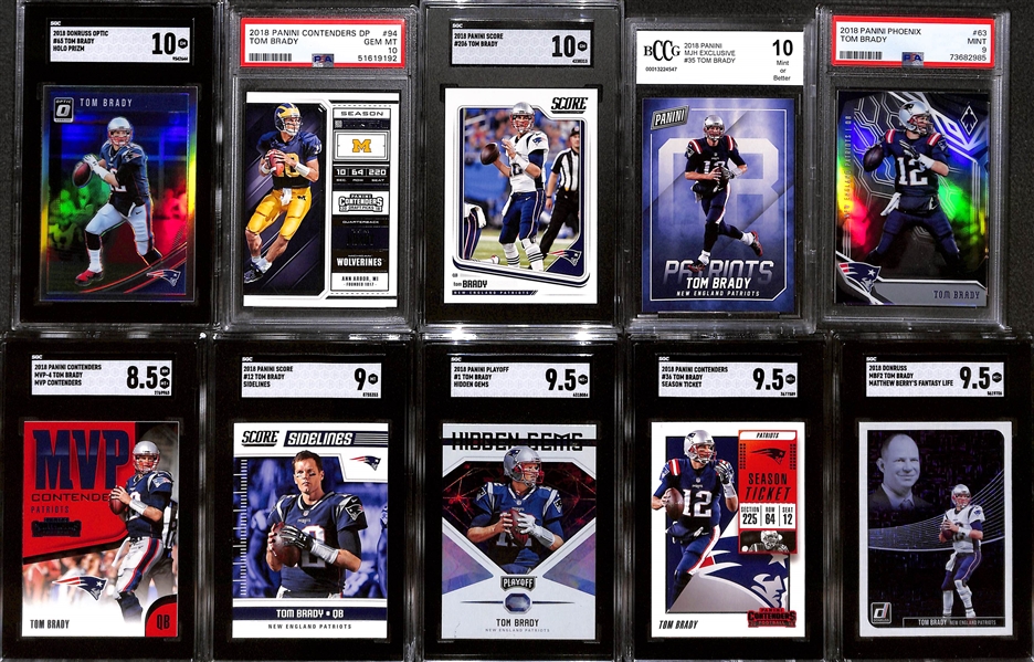 Lot of (10) Graded 2018 Tom Brady Cards w. Donruss Optic Holo Prizm SGC 10 & Panini Contenders DP PSA 10