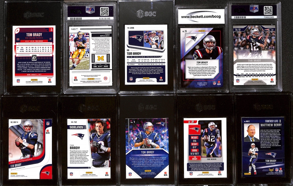 Lot of (10) Graded 2018 Tom Brady Cards w. Donruss Optic Holo Prizm SGC 10 & Panini Contenders DP PSA 10