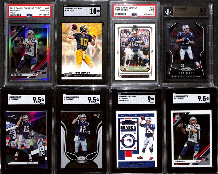 Lot of (8) Graded 2019 Tom Brady Panini Cards w. Panini Donruss Optic Tom Brady Holo PSA 10