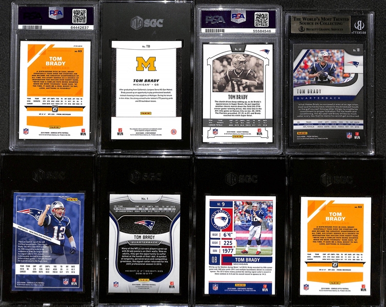 Lot of (8) Graded 2019 Tom Brady Panini Cards w. Panini Donruss Optic Tom Brady Holo PSA 10