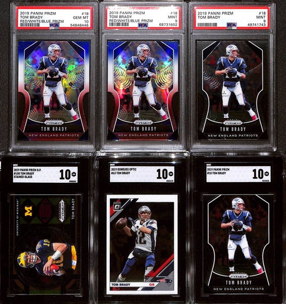 Lot of (6) Graded 2019 Panini Tom Brady Cards (5 Prizms) w. 2019 Panini Prizm #18 Red White Blue Prizm PSA 10