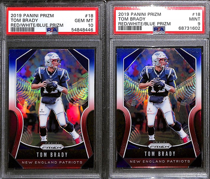 Lot of (6) Graded 2019 Panini Tom Brady Cards (5 Prizms) w. 2019 Panini Prizm #18 Red White Blue Prizm PSA 10