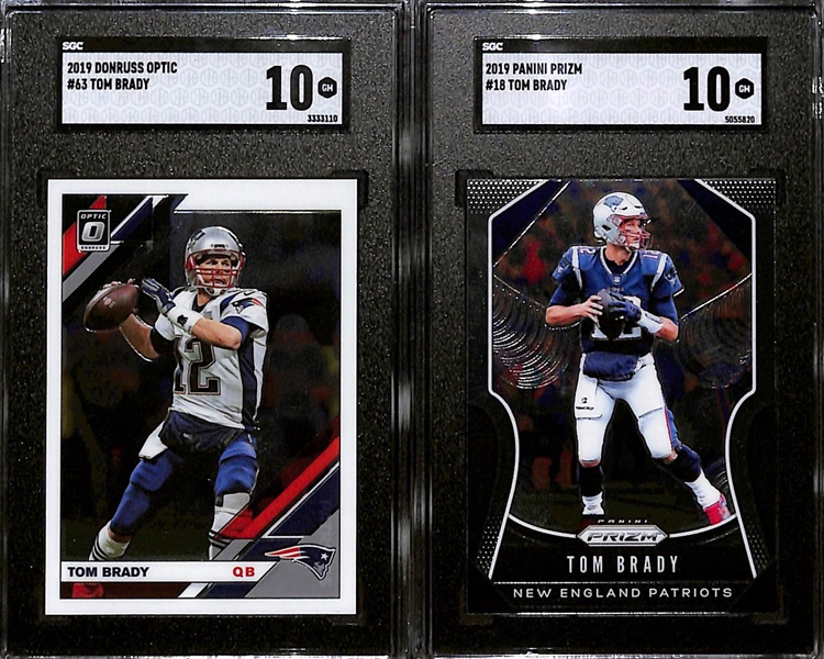 Lot of (6) Graded 2019 Panini Tom Brady Cards (5 Prizms) w. 2019 Panini Prizm #18 Red White Blue Prizm PSA 10